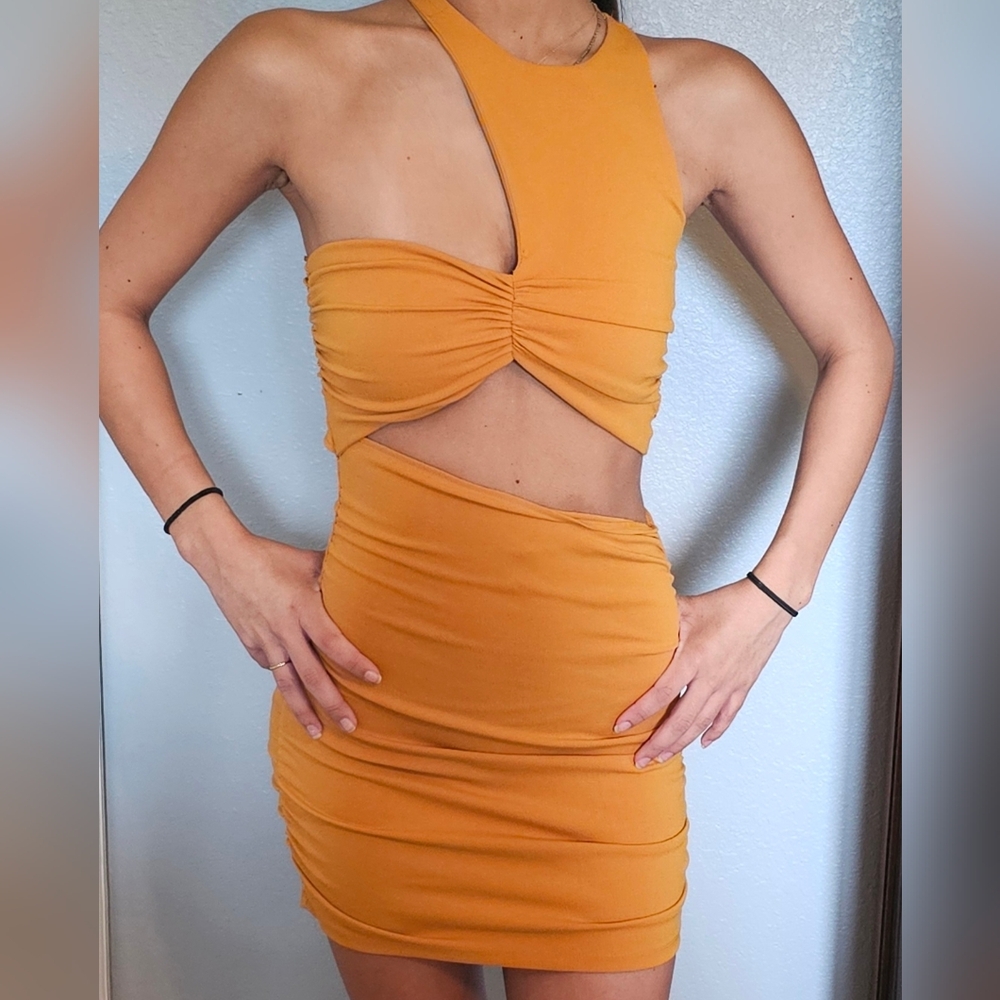 Zara One Shoulder Cut Out Mustard Dress